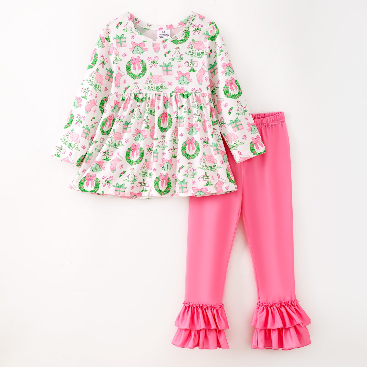 Girls Christmas Pink Snowman Ruffled Long Sleeves Pant Set