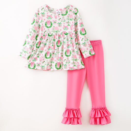 Girls Christmas Pink Snowman Ruffled Long Sleeves Pant Set