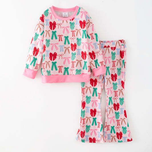Girls Christmas Winter Green Pink Bow Long Sleeves Pant Set