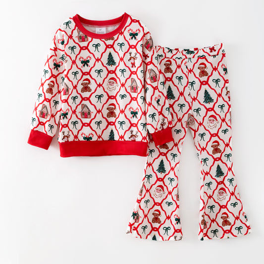 Girls Christmas Santa Tree Bow Long Sleeves Pant Set