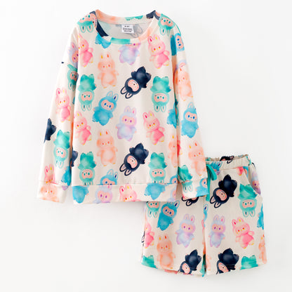 Girls Fall Winter Labubu Cartoon Short Sweatshirt Set