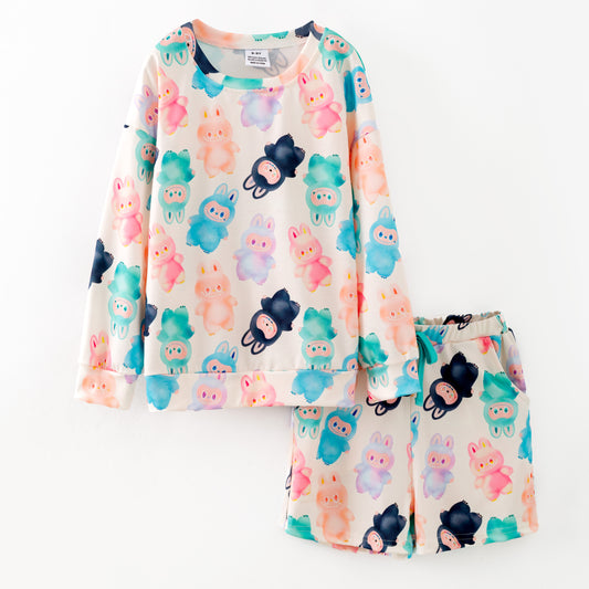 Girls Fall Winter Labubu Cartoon Short Sweatshirt Set