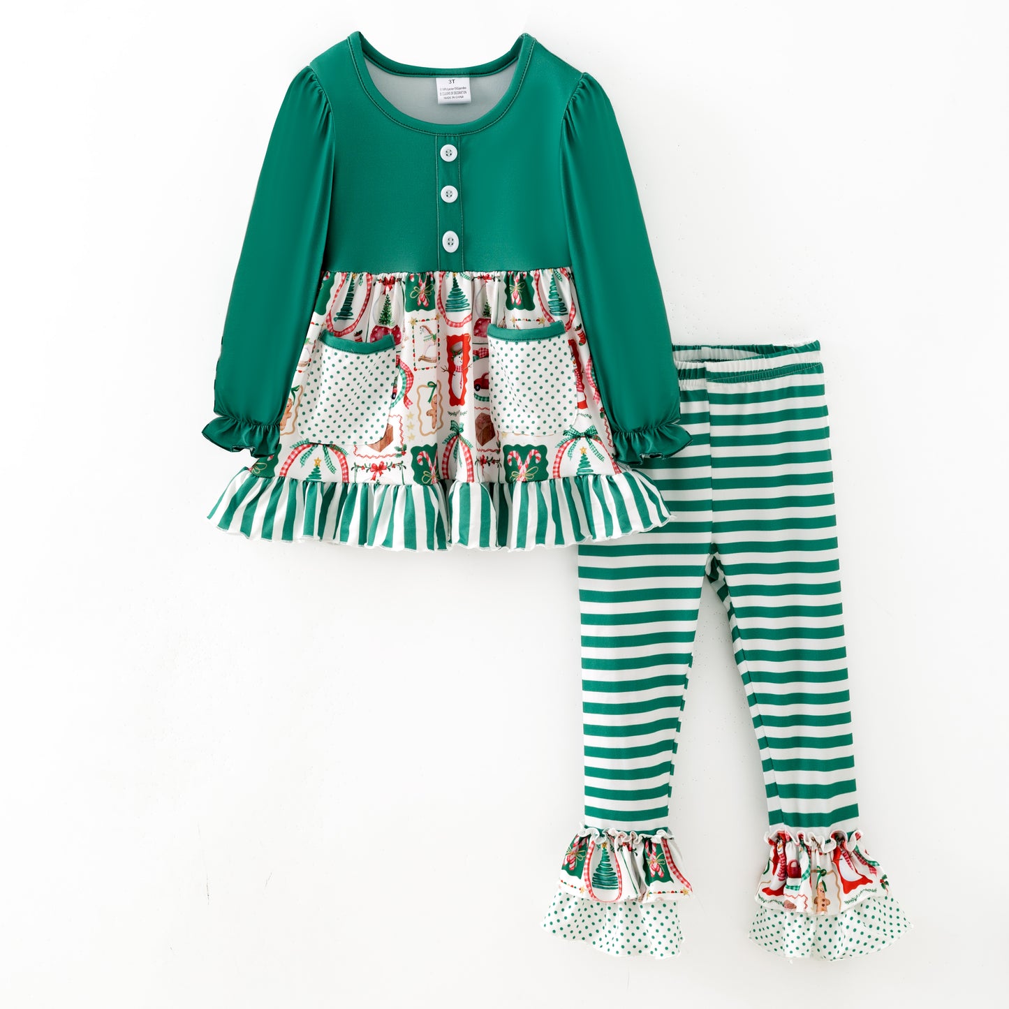 Girls 2025 Christmas Pocket Green Stripes Pant Set