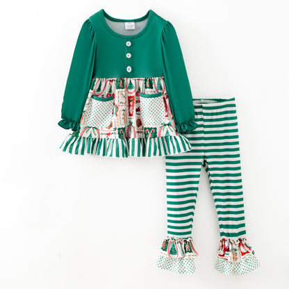 Girls 2025 Christmas Pocket Green Stripes Pant Set