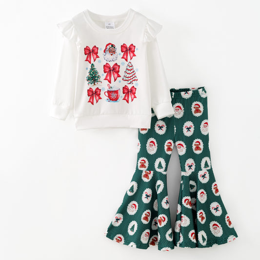 2025 Christmas Girls Santa Bow Print Bell Pant Set
