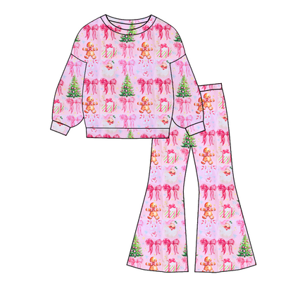 Girls Christmas Santa Tree Bow Print Top+ Pant Set