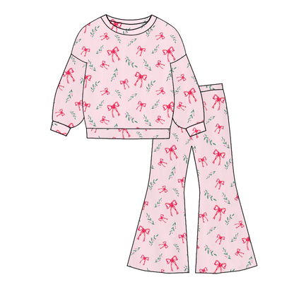 Girls Christmas Santa Tree Bow Print Top+ Pant Set