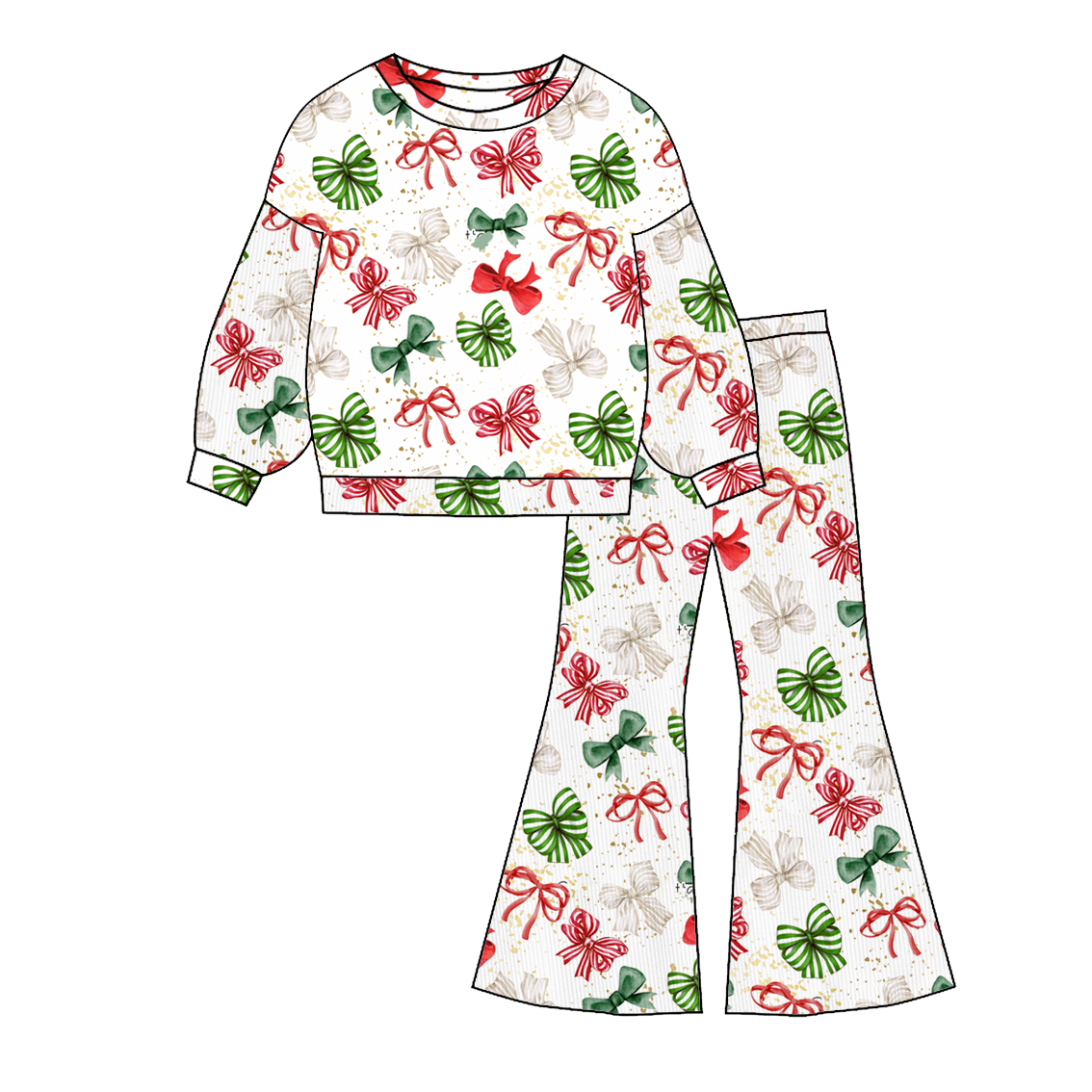 Girls Christmas Santa Tree Bow Print Top+ Pant Set