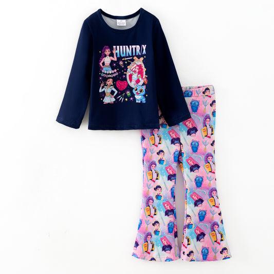 Girls Christmas Fall Kpop Demon Hunter Printed Top + Pant Set