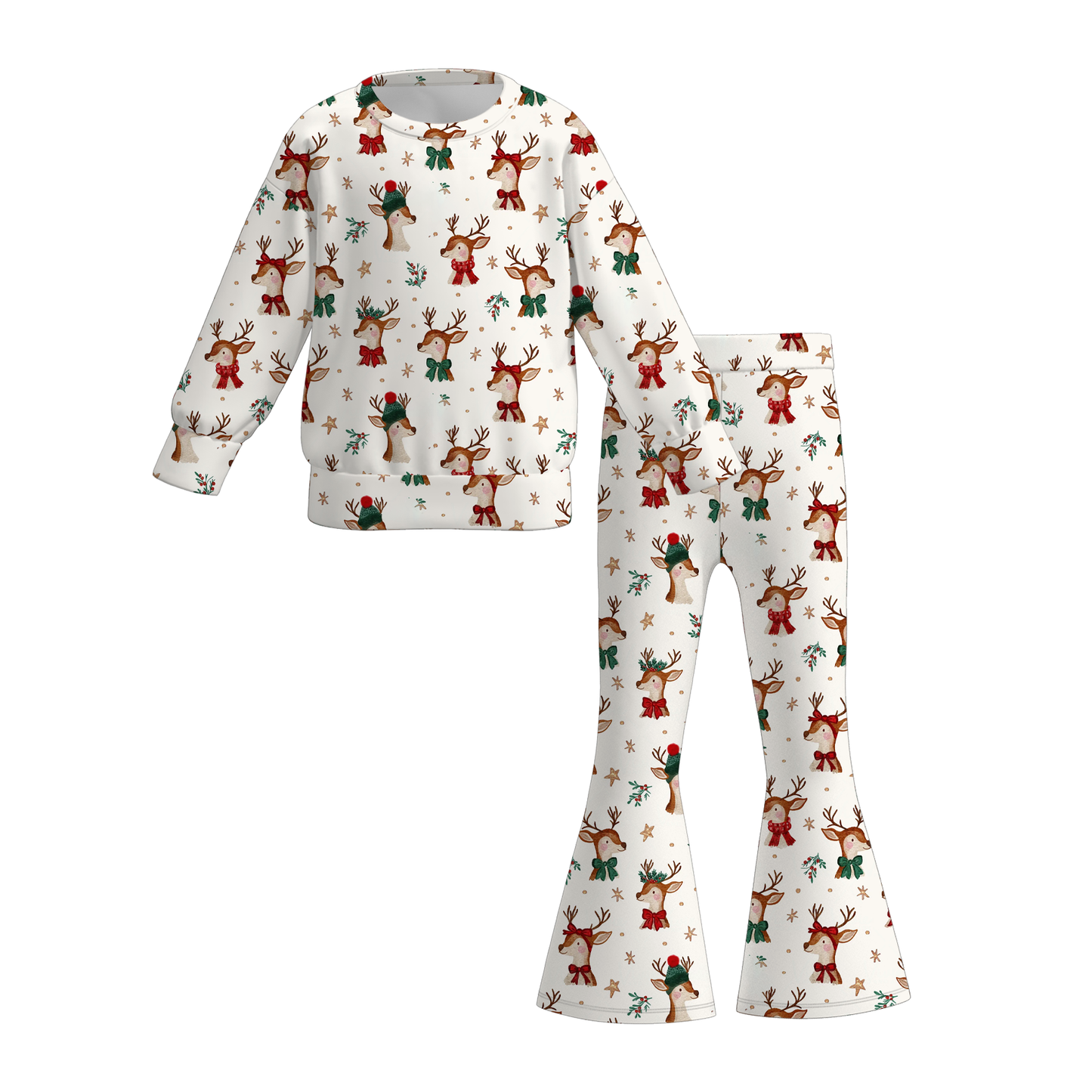 Girls Fall Christmas Floral Reindeer Gingerbread Top+Pant Set