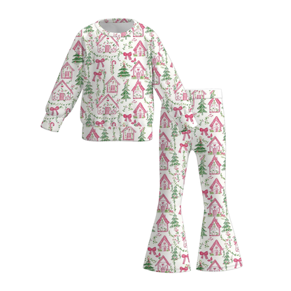 Christmas Long Sleeves Tree Gingerbread Candy Cane Print Pant Set