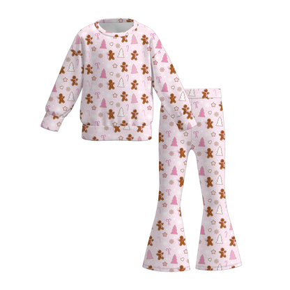 Christmas Long Sleeves Tree Gingerbread Candy Cane Print Pant Set