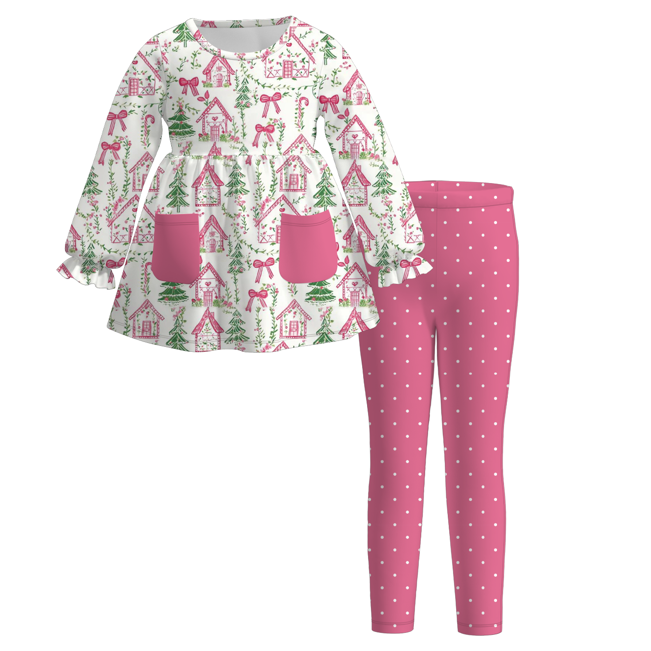 Christmas Long Sleeves Tree Gingerbread Candy Cane Print Pocket Legging Set