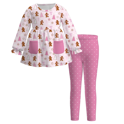 Christmas Long Sleeves Tree Gingerbread Candy Cane Print Pocket Legging Set