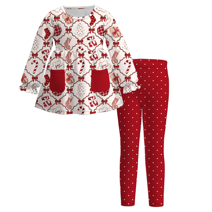 Christmas Long Sleeves Tree Gingerbread Candy Cane Print Pocket Legging Set