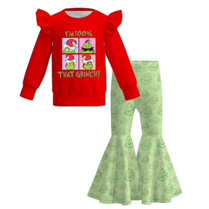 2025 Christmas Grinch Print Bell Pant Set For Girls