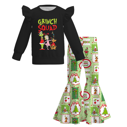 2025 Christmas Grinch Print Bell Pant Set For Girls