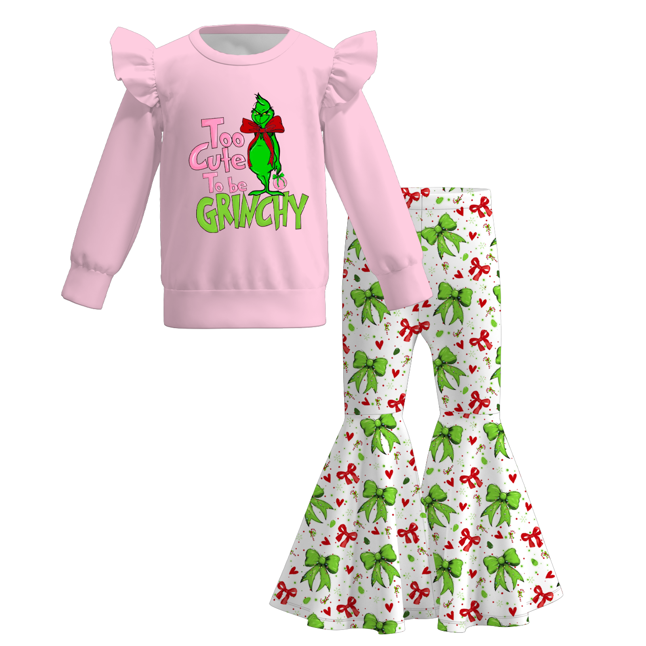 2025 Christmas Grinch Print Bell Pant Set For Girls
