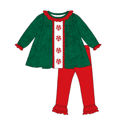 Kids Christmas Green Corduroy Sibling Set with Peppermint Embroidery