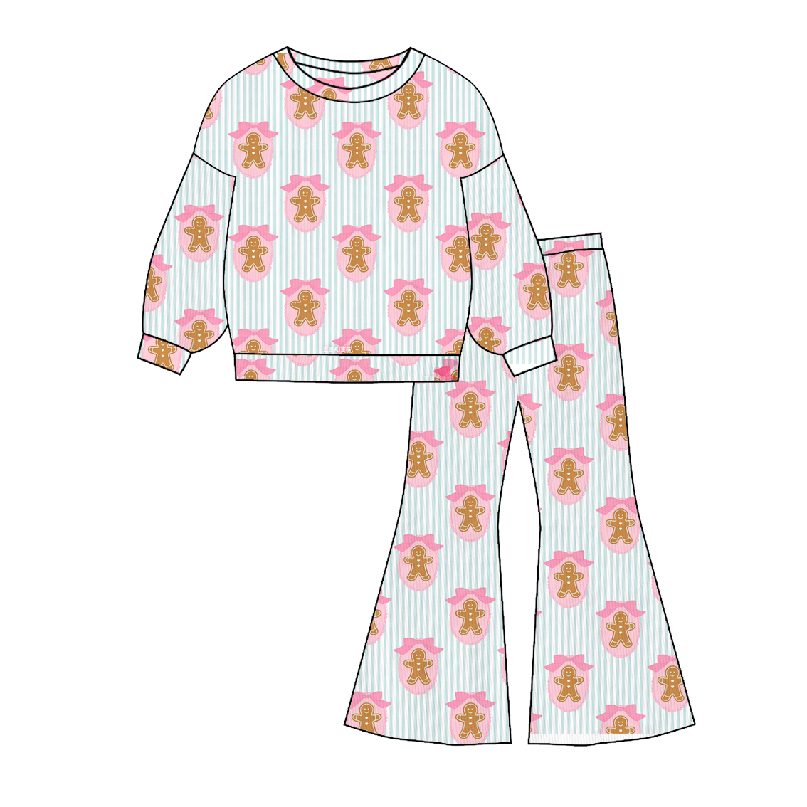 2025 Christmas Gingerbread Bow Print Pant Set For Girls