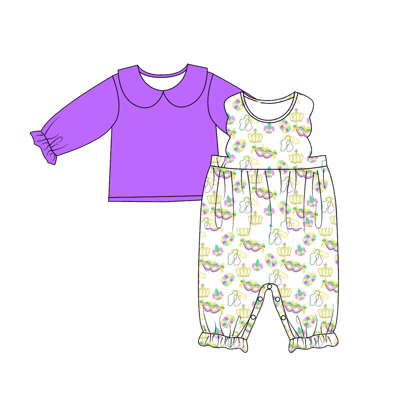 2026 Kids Fashion Mardi Gras Embroidery Purple Outfits Collection