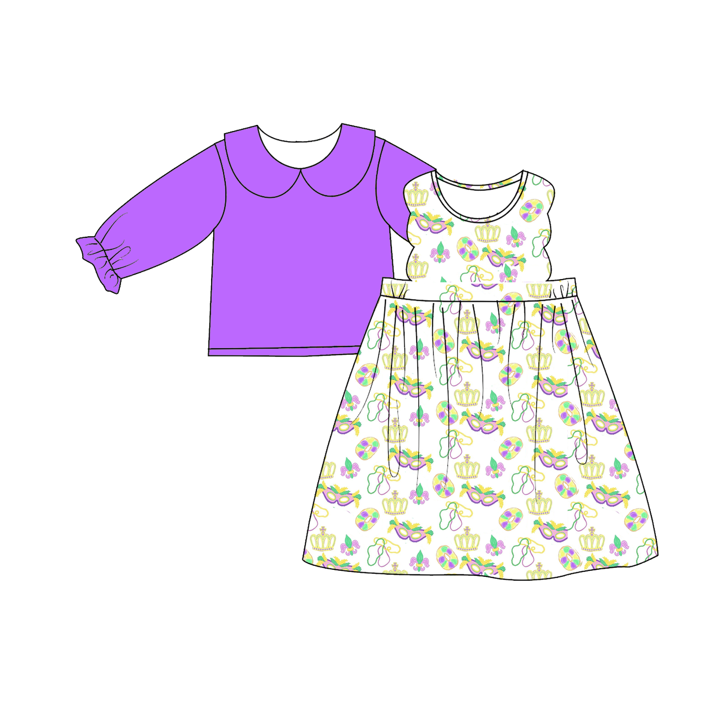 2026 Kids Fashion Mardi Gras Embroidery Purple Outfits Collection