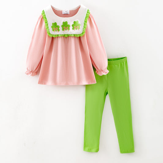 Girls 2026 St.Patrick's Day Pink Bow Clover Embroidery Pant Set