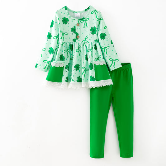 Girls 2026 St.Patrick's Day Green Bow Clover Pant Set
