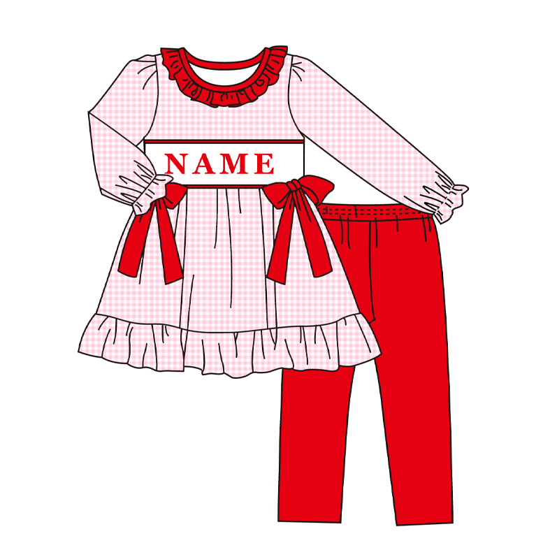 2026 V-Days Red Plaid Custom Name Smocked Embroidery Collection