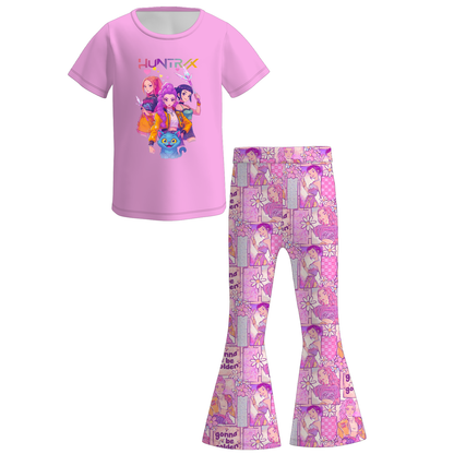 Girls Kpop Demon Hunter Print Short Sleeves Top+Pant Set