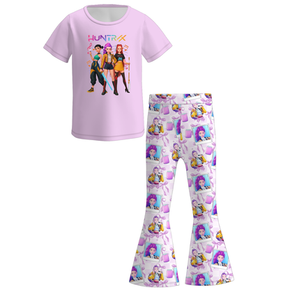 Girls Kpop Demon Hunter Print Short Sleeves Top+Pant Set