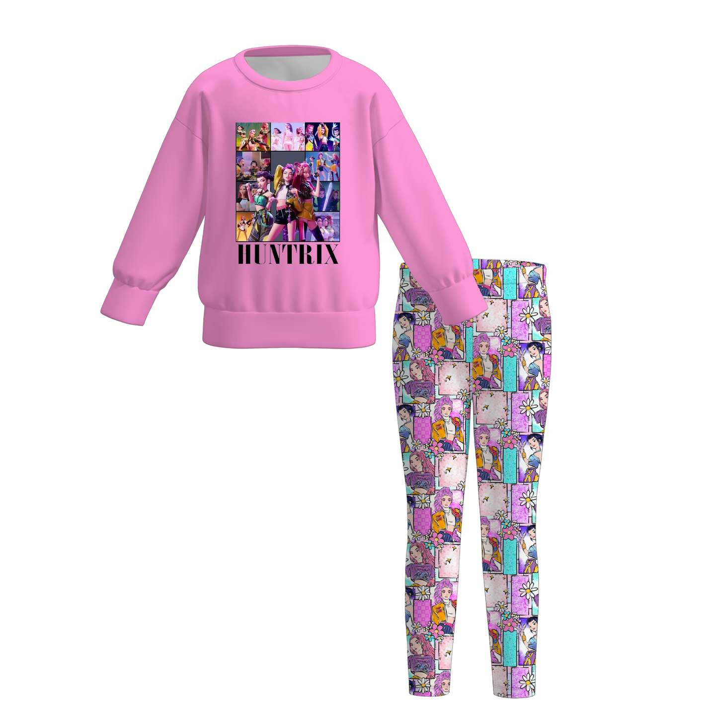 Girls Kpop Demon Hunter Print Long Sleeves Top+Pant Set