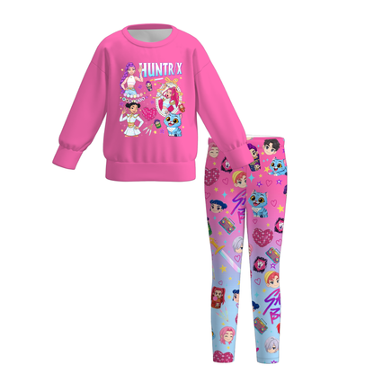 Girls Kpop Demon Hunter Print Long Sleeves Top+Pant Set