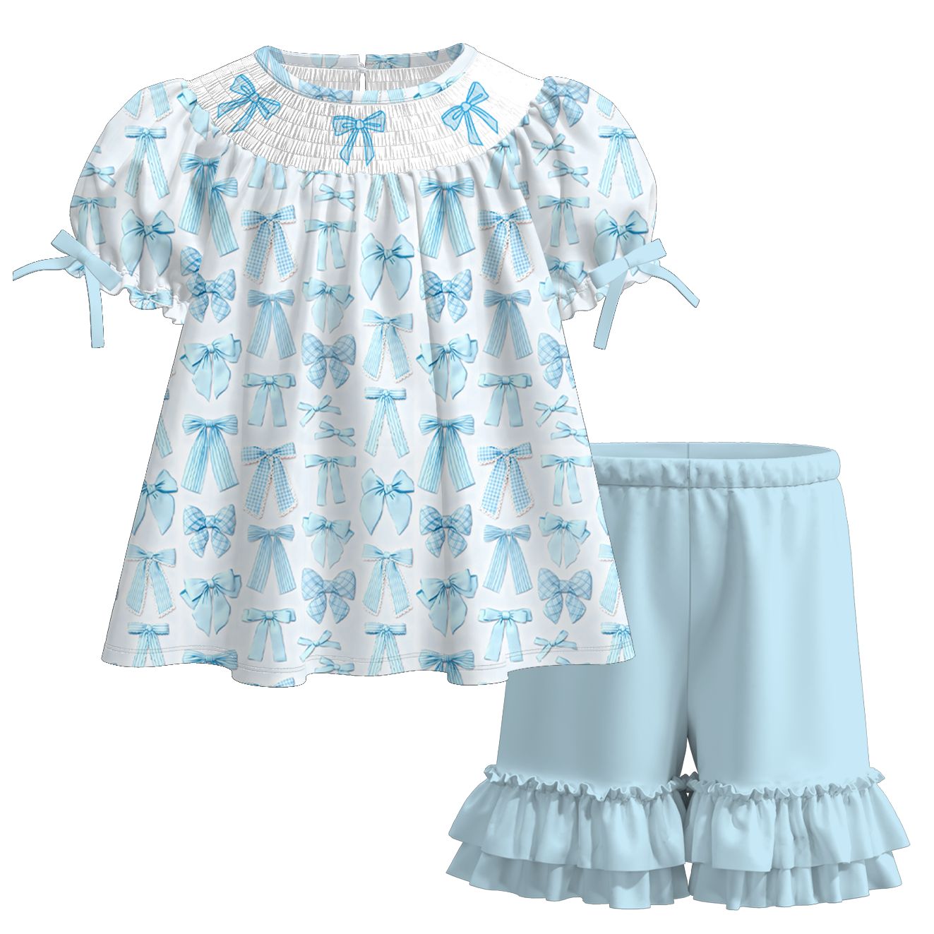 2026 Spring Summer Blue Bow Smock Embroidery Kids Outfits Collection