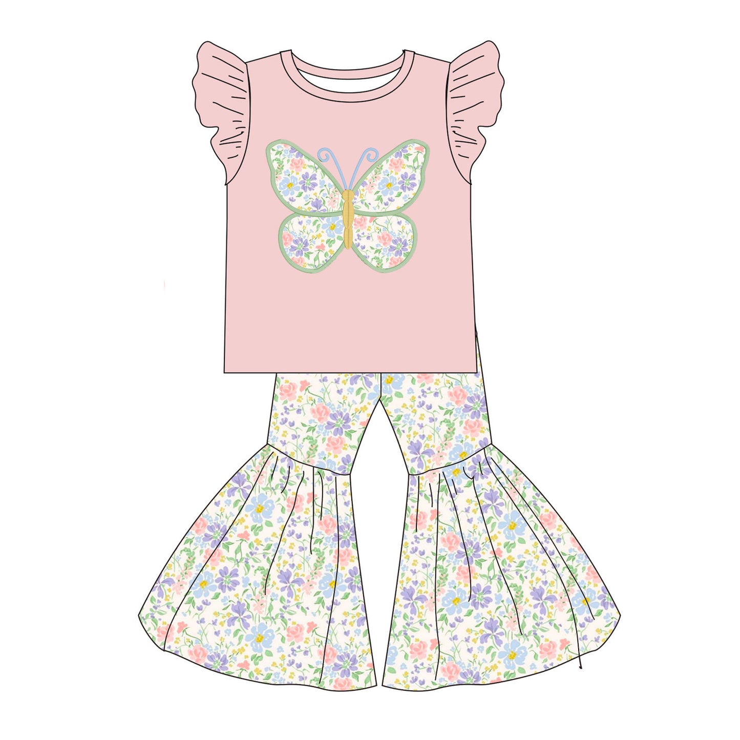 2026 Spring Summer Butterfly Embroidery Pink Pant Set & Romper