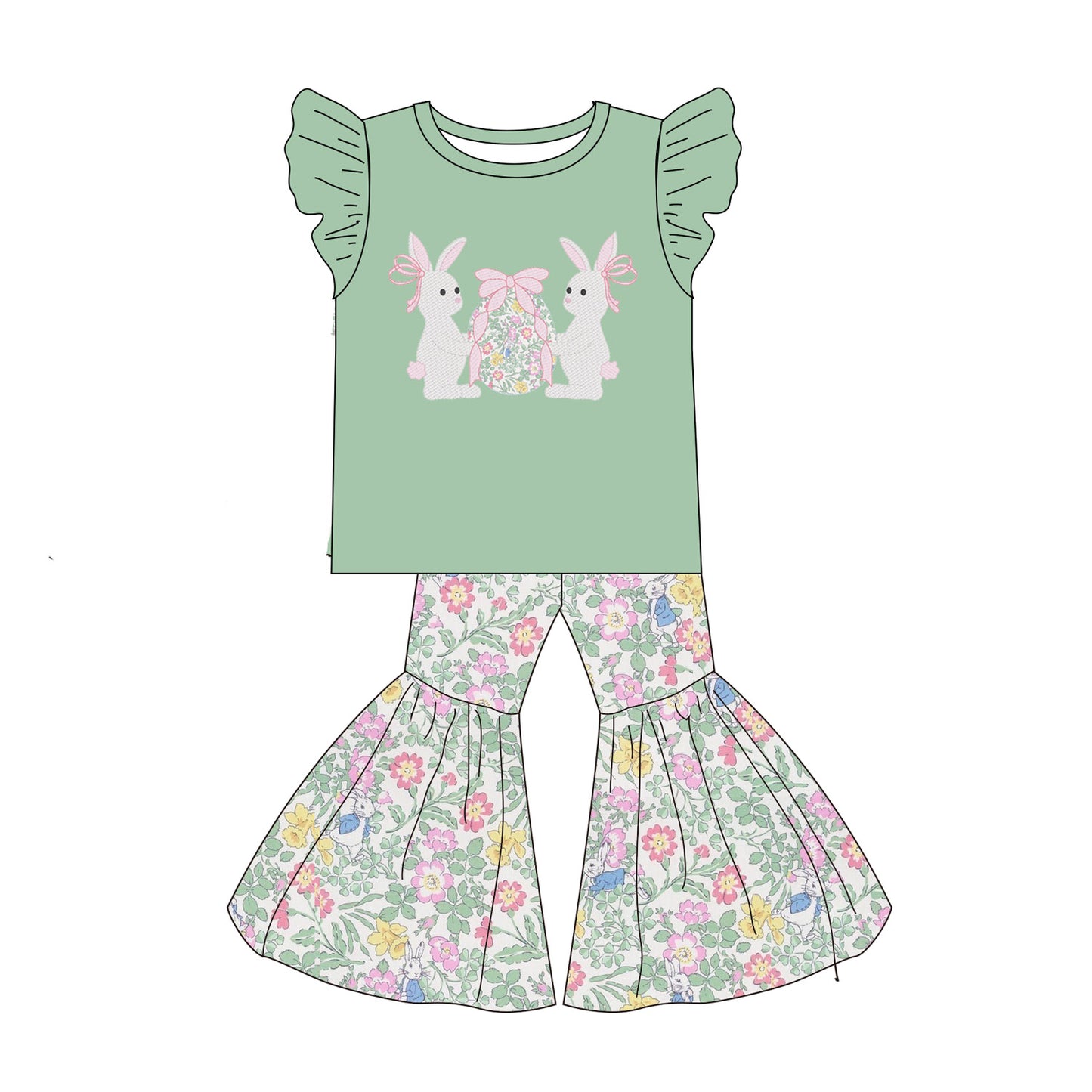 2026 Easter Bunny Embroidery Green Floral Pant Set & Romper