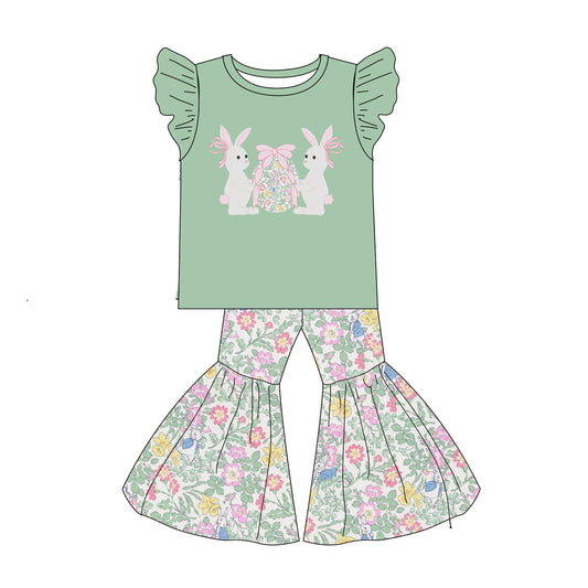 2026 Easter Bunny Embroidery Green Floral Pant Set & Romper