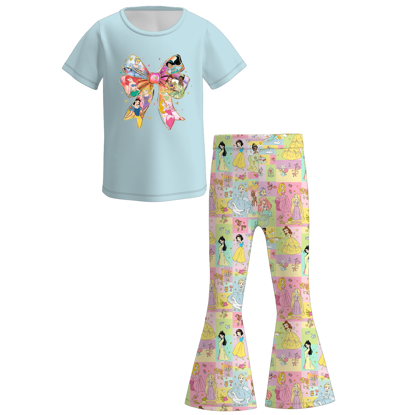 2026 Spring Girls Princess Bow Print Short Sleeves Top+Pant Set
