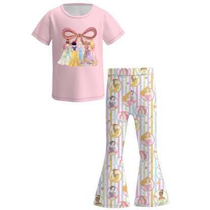 2026 Spring Girls Princess Bow Print Short Sleeves Top+Pant Set