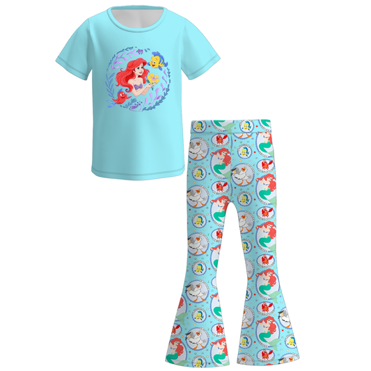 2026 Spring Girls Princess Bow Print Short Sleeves Top+Pant Set