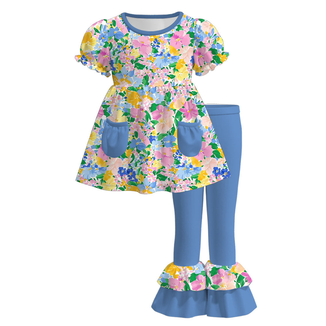 2026 Spring Blue Floral Print Pocket Outfits Collection