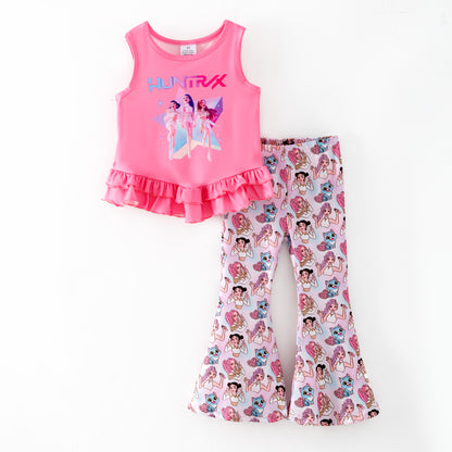 Girls Summer K-Pop Demon Hunter Printed Pink Bell Pant Set