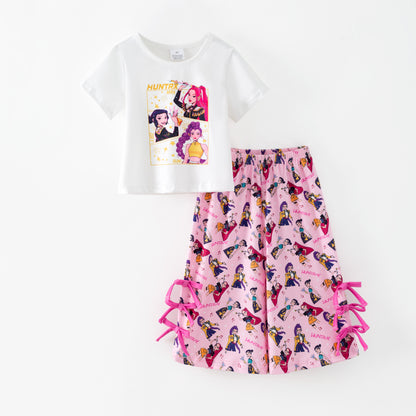 Kids Fashion K-Pop Demon Hunter Printed Ruffled Pant Set
