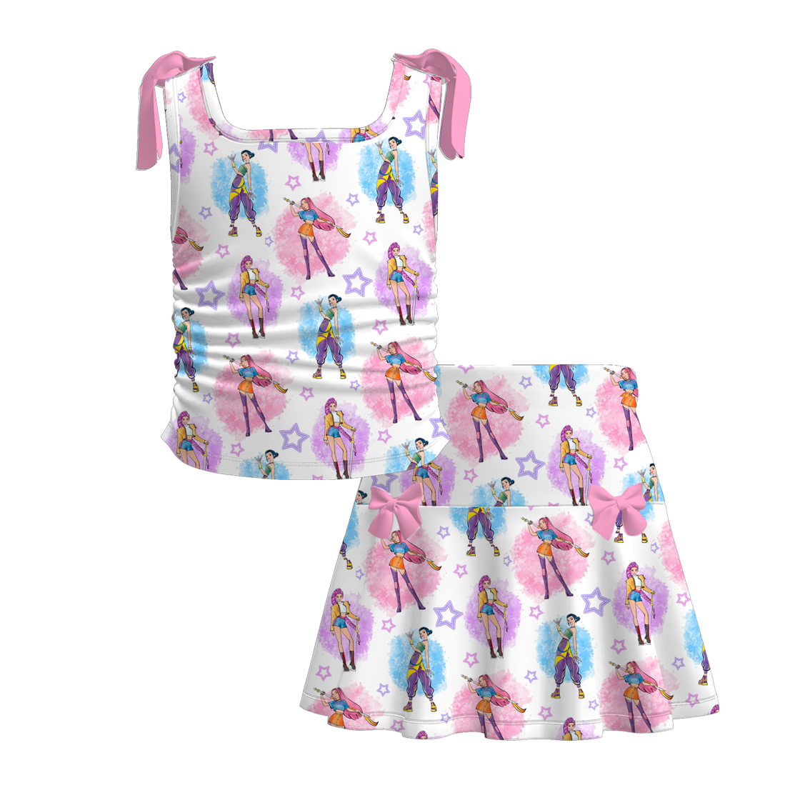Girls Summer K-Pop Demon Hunter Print Slip Skirt Set