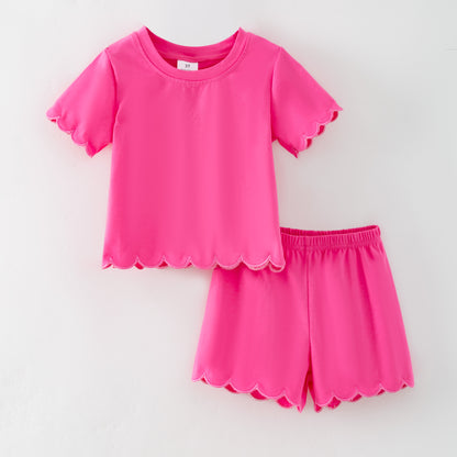 Summer Solid Hot Pink Cotton Scallop Trim Short Set