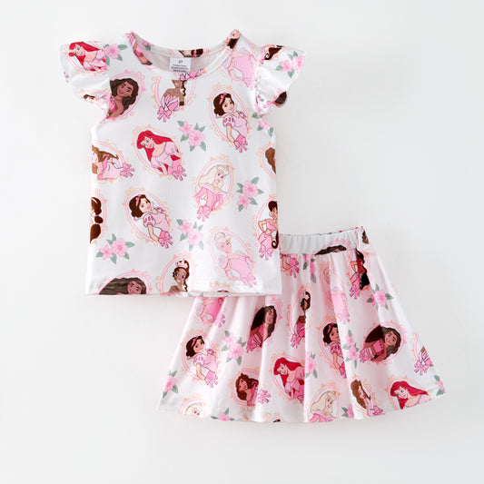 Girls Summer Pink Princess Cartoon Printed Athletic Skirt Set