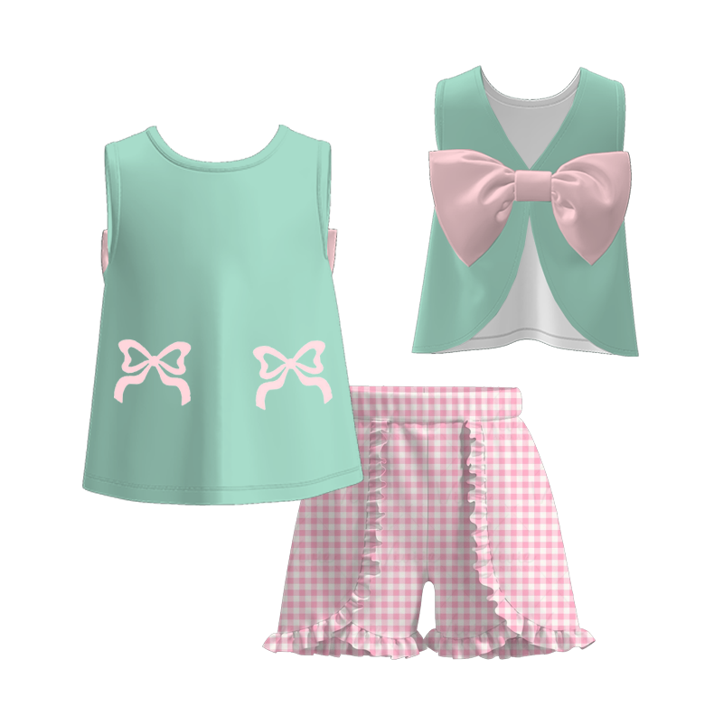 Summer Mint Pink Plaid Bow Embroidery Outfits For Sister