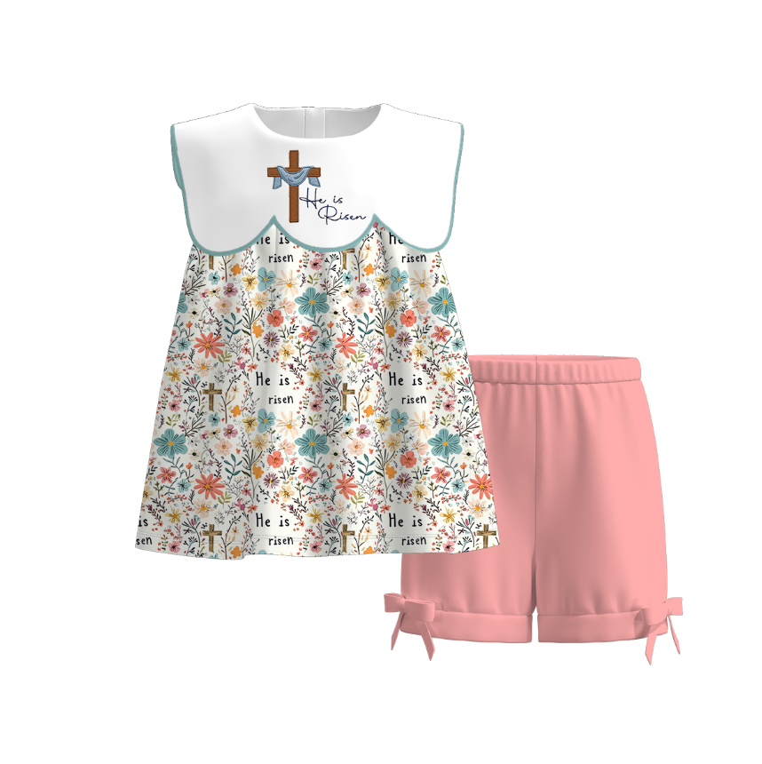 Easter “He Is Risen” Embroidered Kids Summer Outfit Set | Faith-Inspired Spring & Summer Collection