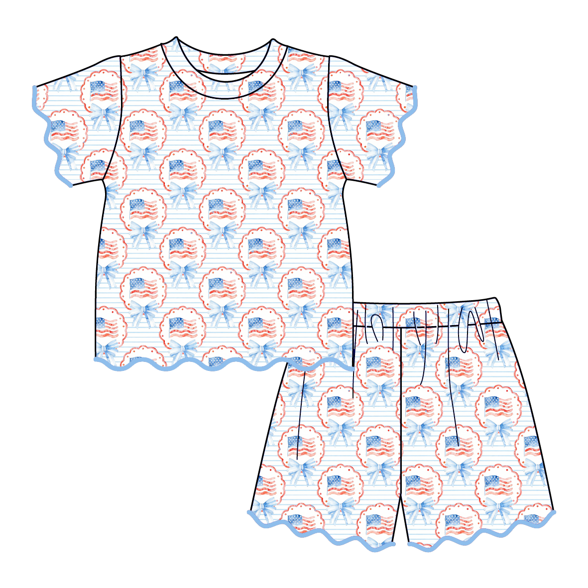 4th of July Girls Outfit – Patriotic USA Flag Bow Print Dress, Toddler Top & Shorts Set, Baby Bloomer Outfit