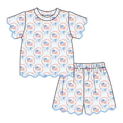 4th of July Girls Outfit – Patriotic USA Flag Bow Print Dress, Toddler Top & Shorts Set, Baby Bloomer Outfit